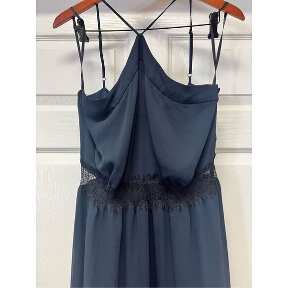 BCBGENERATION Navy Chiffon Black Lace Waist Halter Maxi Dress Gown sz 12 EUC - Picture 3 of 8